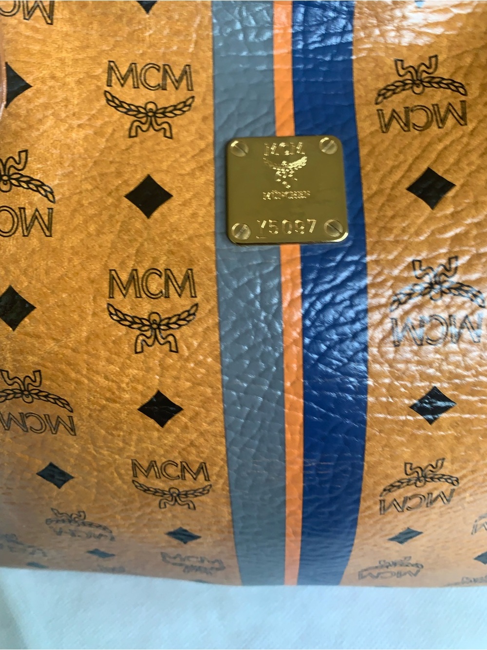 MCM Cognac Visetos Tote with Navy and Orange Center Stripe with Bone. EUC - Picture 8 of 16